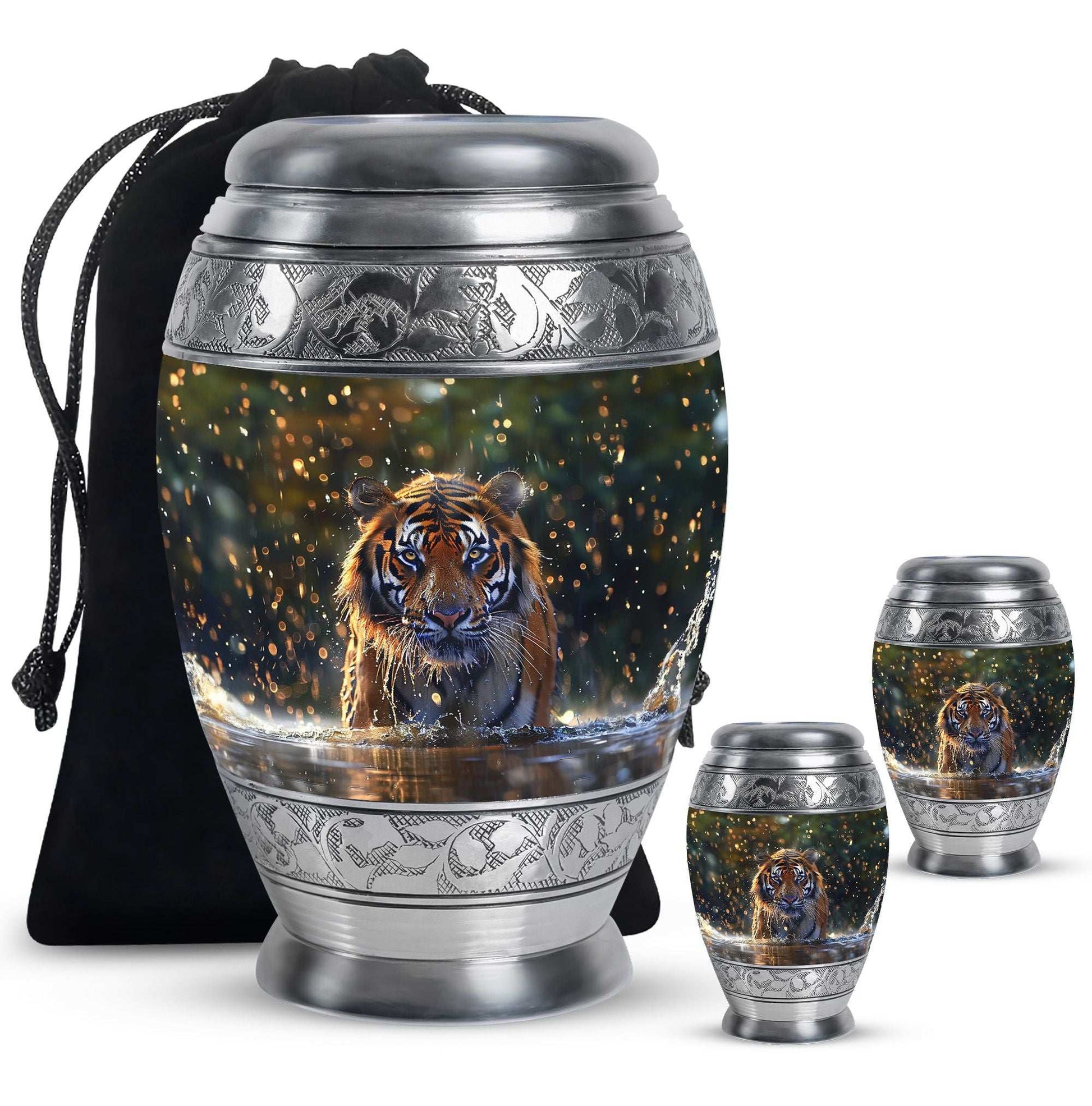 Tiger Theme Large Urn With 2 Keepsake Urn