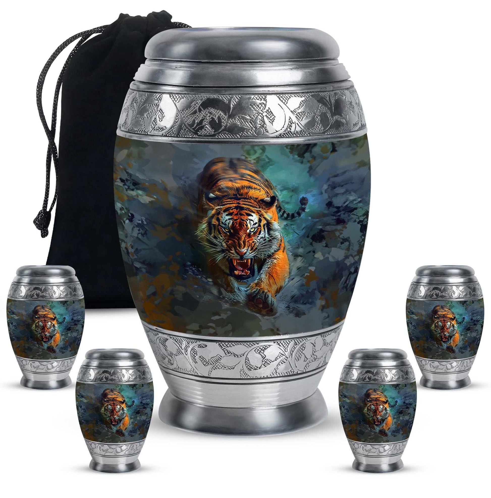 Tiger Theme Large Urn With 4 Keepsake Urn