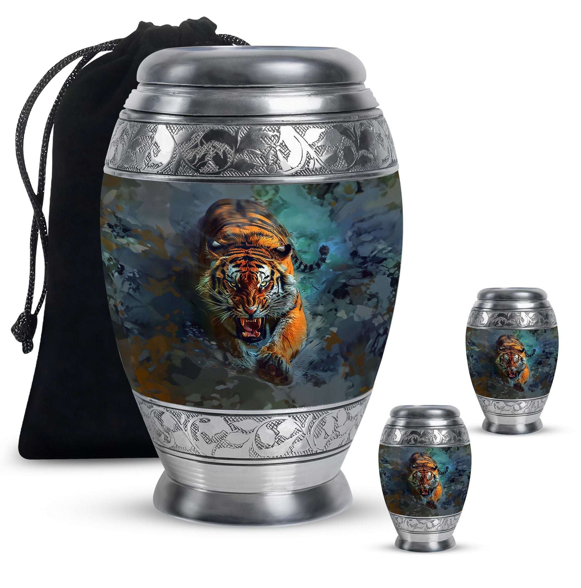 Tiger Theme Large Urn With 2 Keepsake Urn
