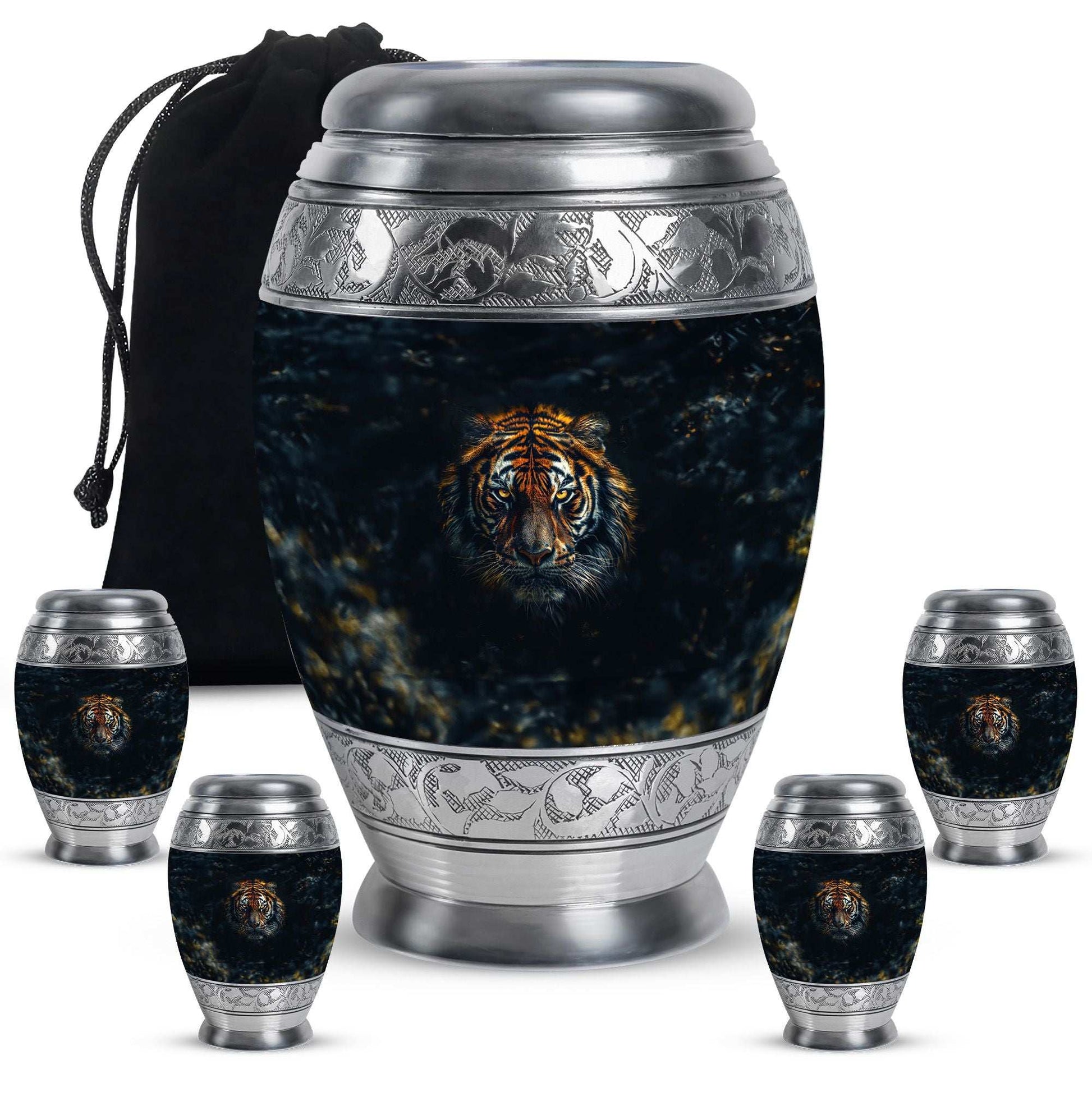 Tiger Theme Large Urn With 4 Keepsake Urn