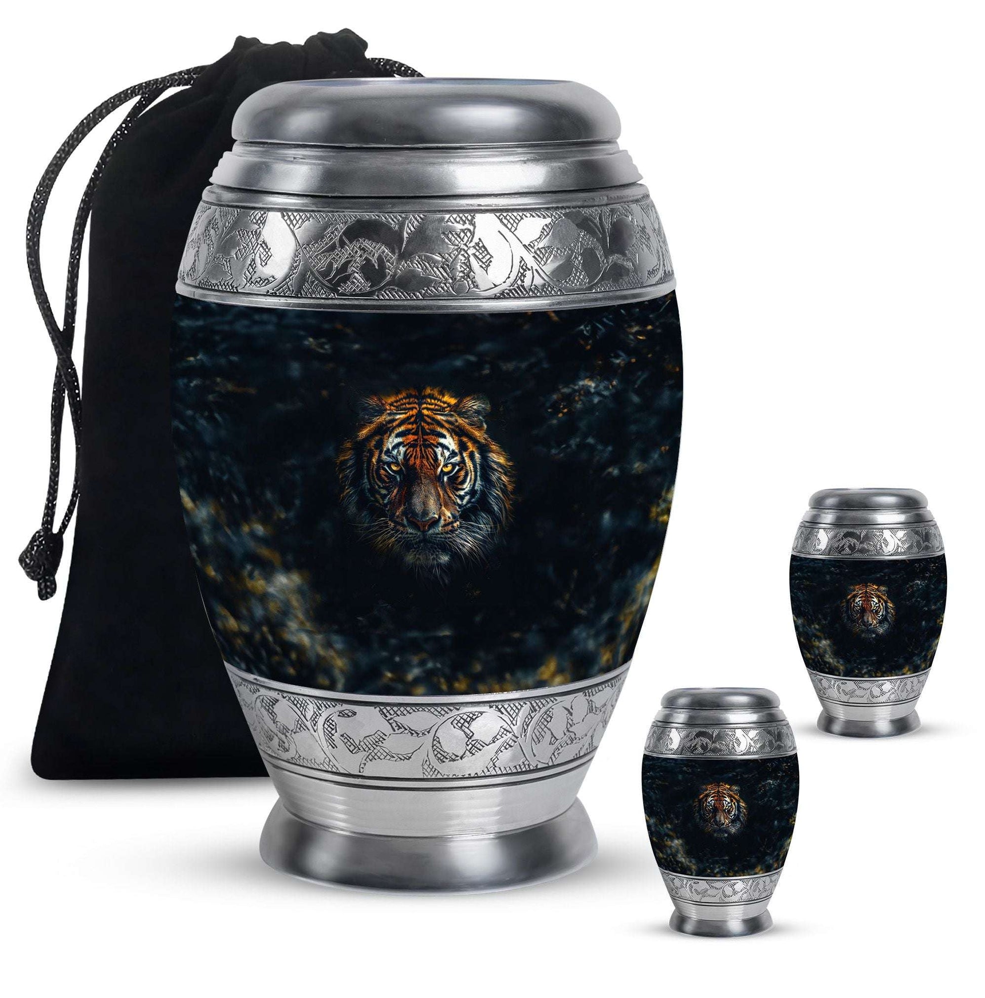 Tiger Theme Large Urn With 2 Keepsake Urn