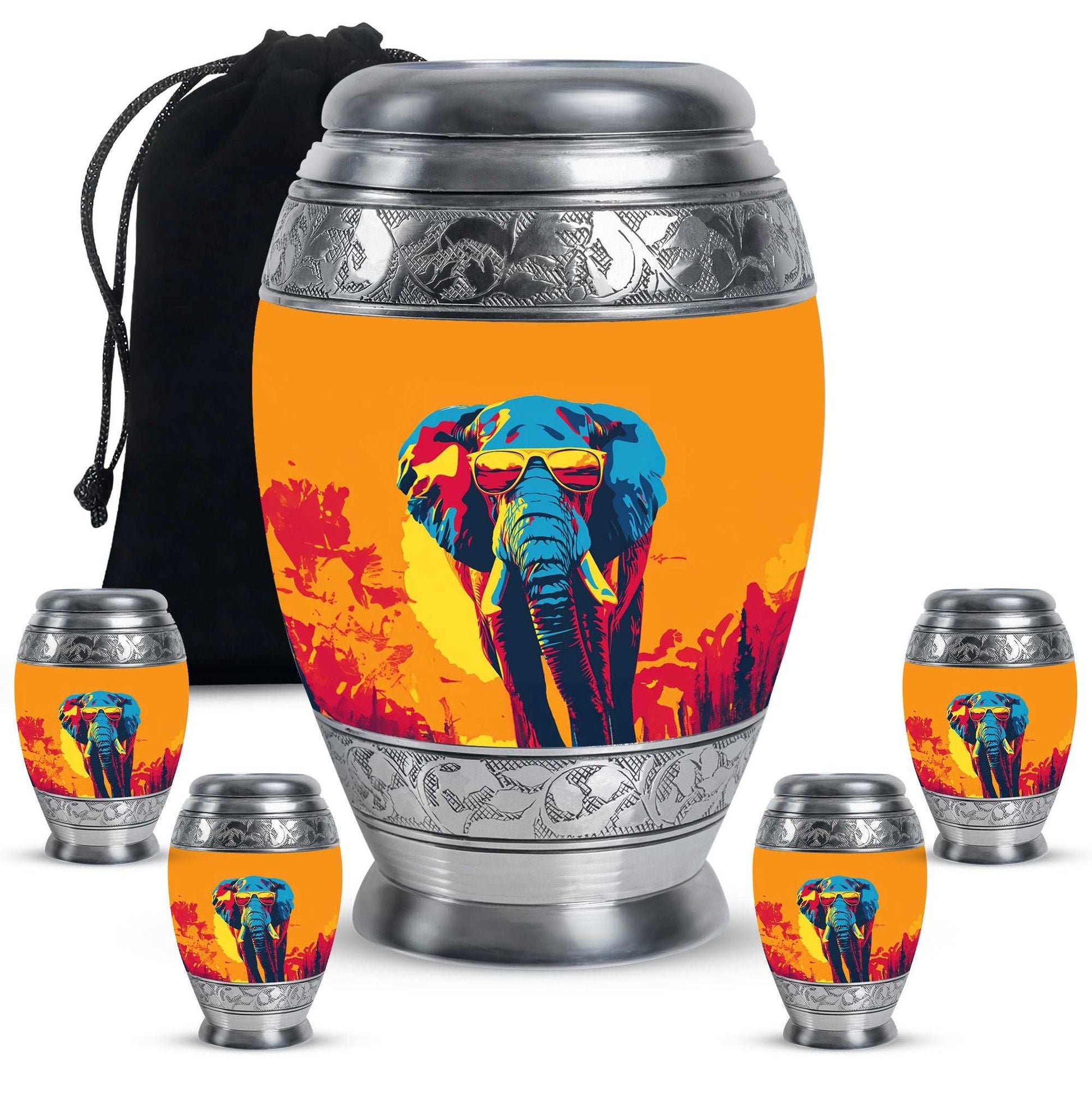 Elephant Theme Large Urn With 4 Keepsake Urn