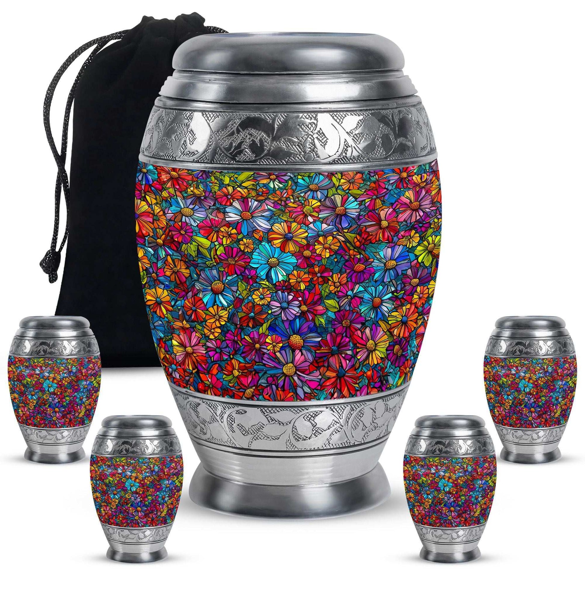 Flowers Theme Large Urn With 4 Keepsake Urn