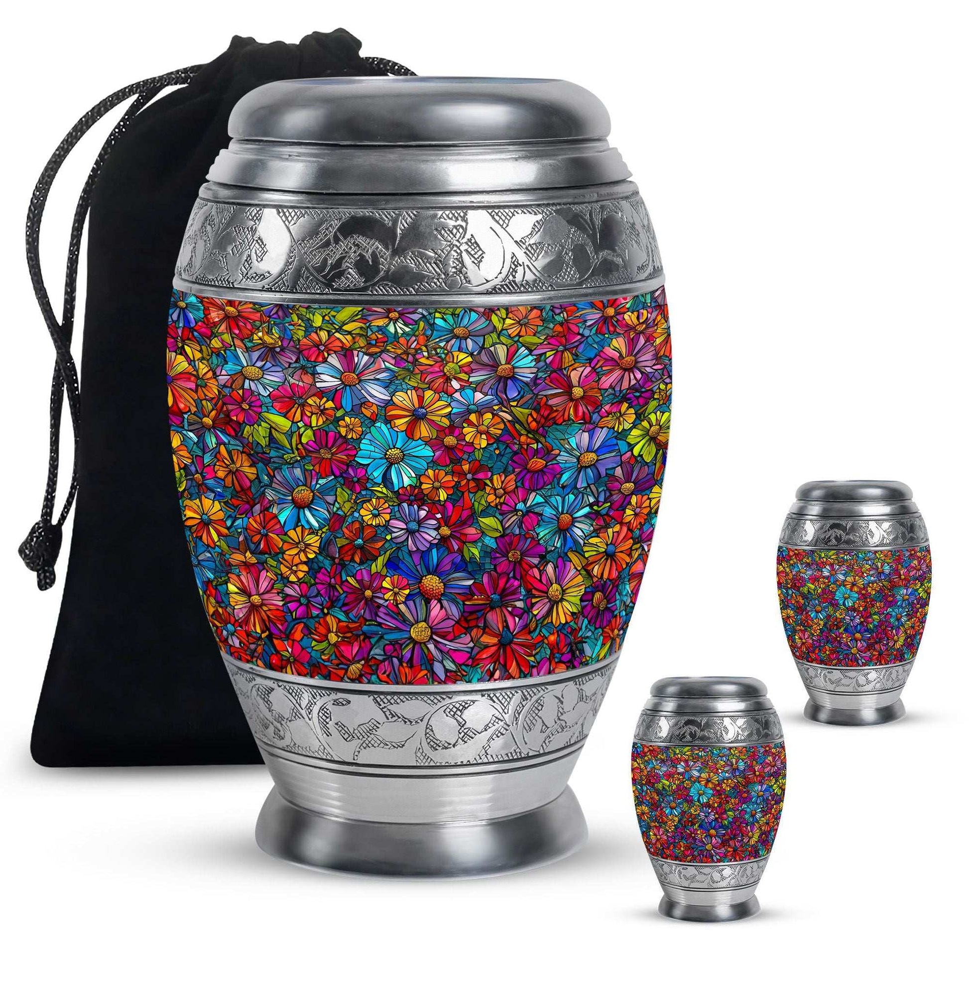 Flowers Theme Large Urn With 2 Keepsake Urn