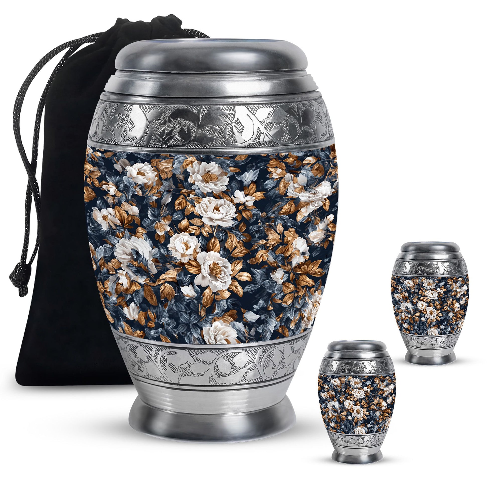 Flowers Theme Large Urn With 2 Keepsake Urn