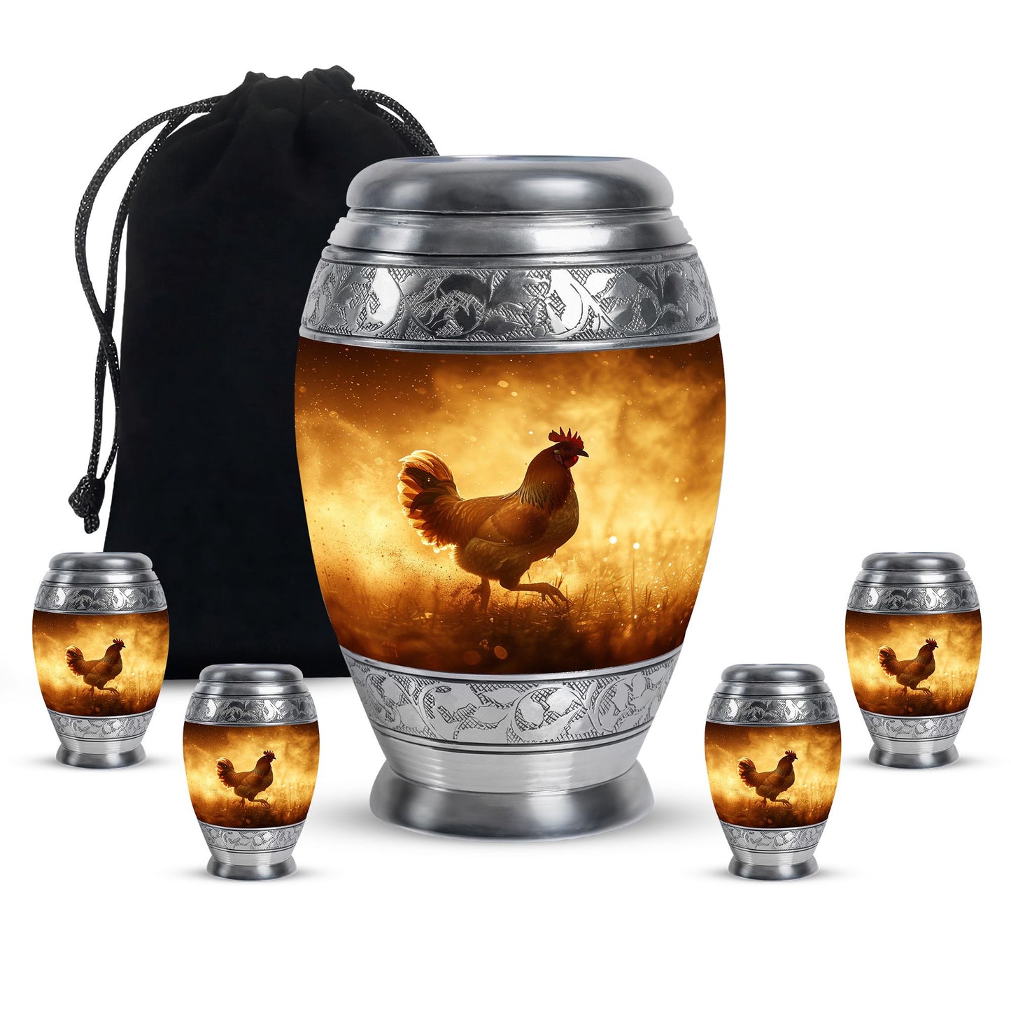 Chicken Theme Large Urn With 4 Keepsake Urn