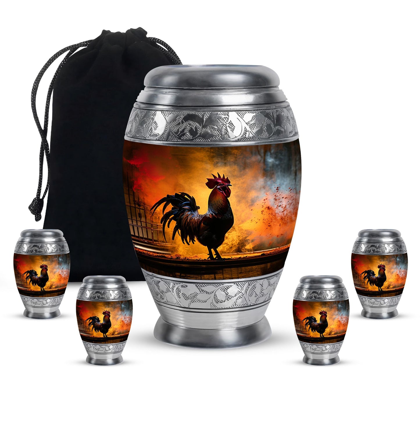 Chicken Theme Large Urn With 4 Keepsake Urn