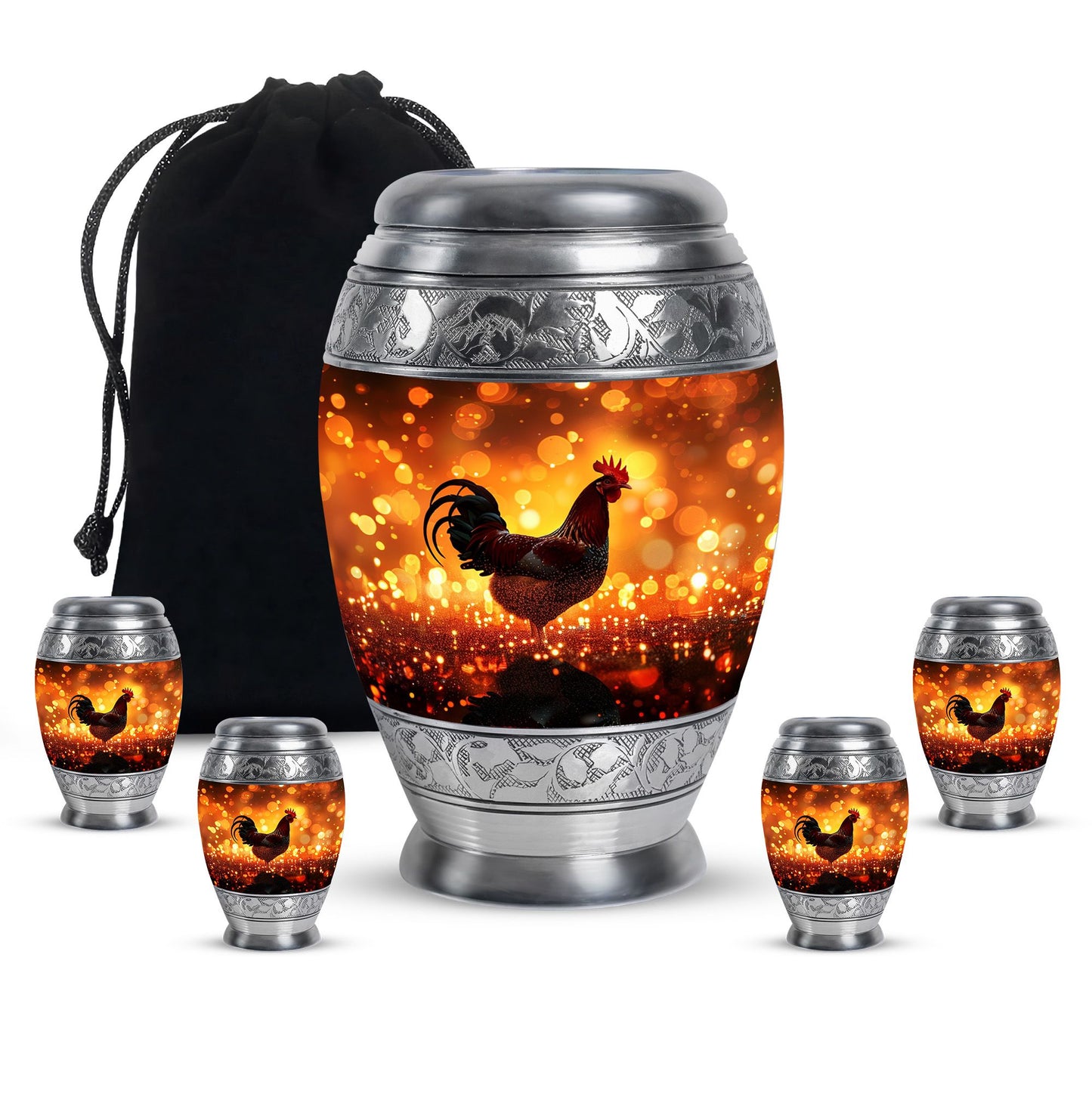 Chicken Theme Large Urn With 4 Keepsake Urn