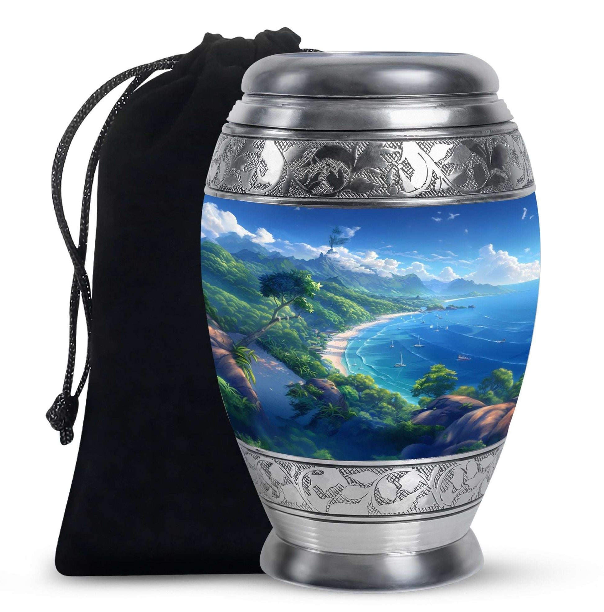 Ocean Waves Cremation Urn For Burial – Blue Sea Waves Beach Memorial Urn