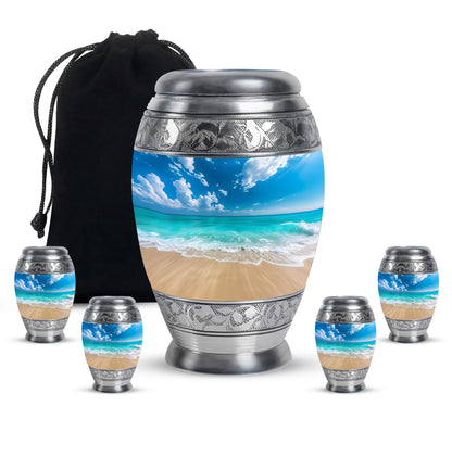 Beach Theme Large Urn With 4 Keepsake Urn