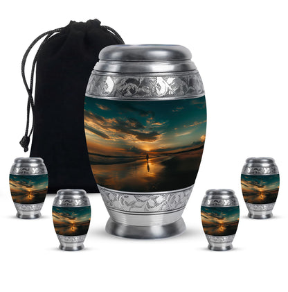 Beach Theme Large Urn With 4 Keepsake Urn