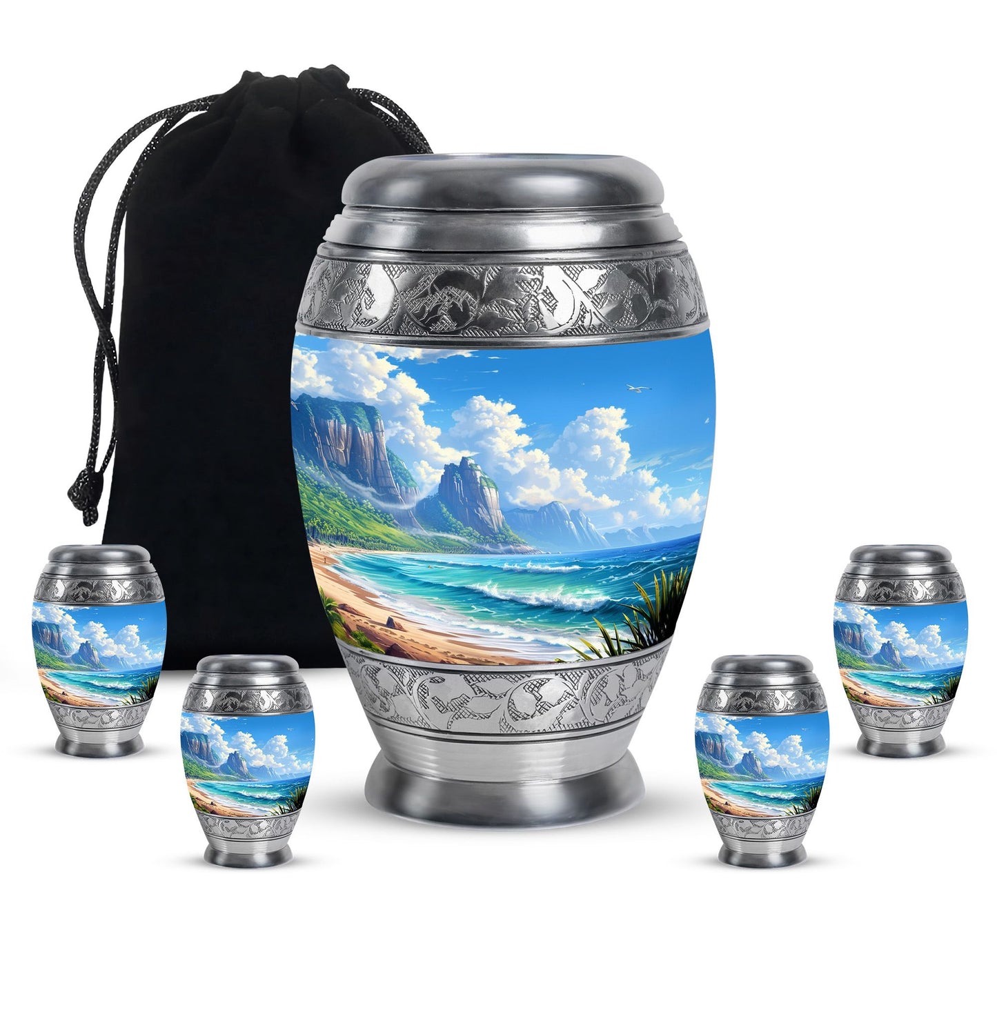 Beach Theme Large Urn With 4 Keepsake Urn