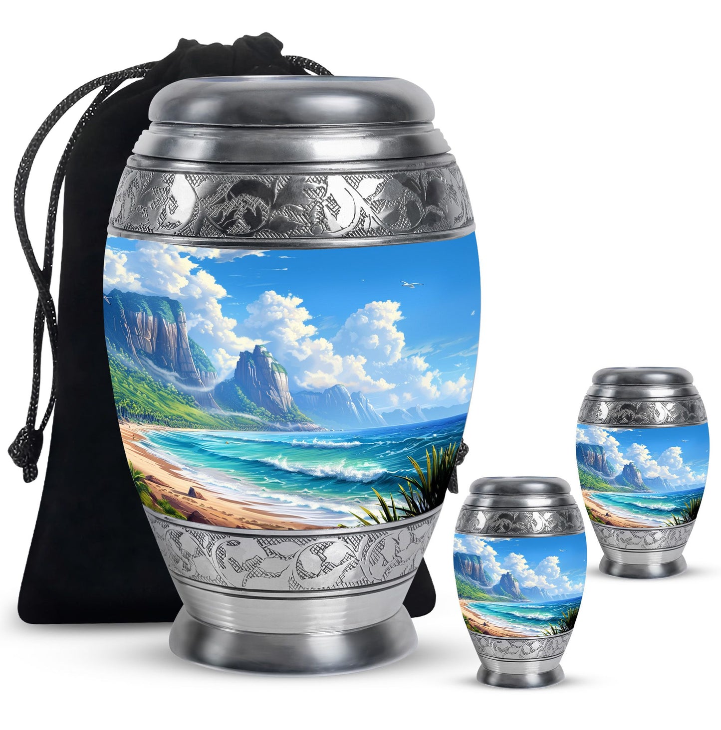 Beach Theme Large Urn With 2 Keepsake Urn