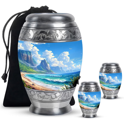 Beach Theme Large Urn With 2 Keepsake Urn