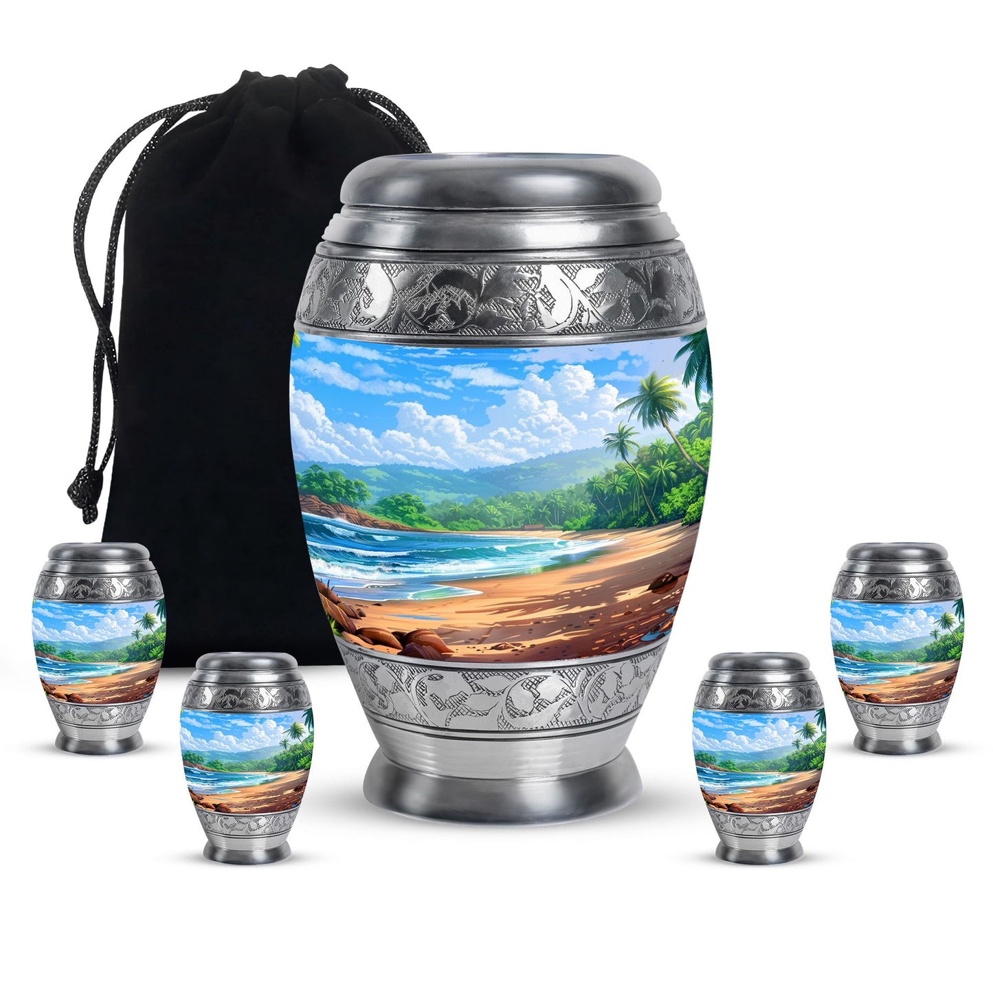 Beach Theme Large Urn With 4 Keepsake Urn