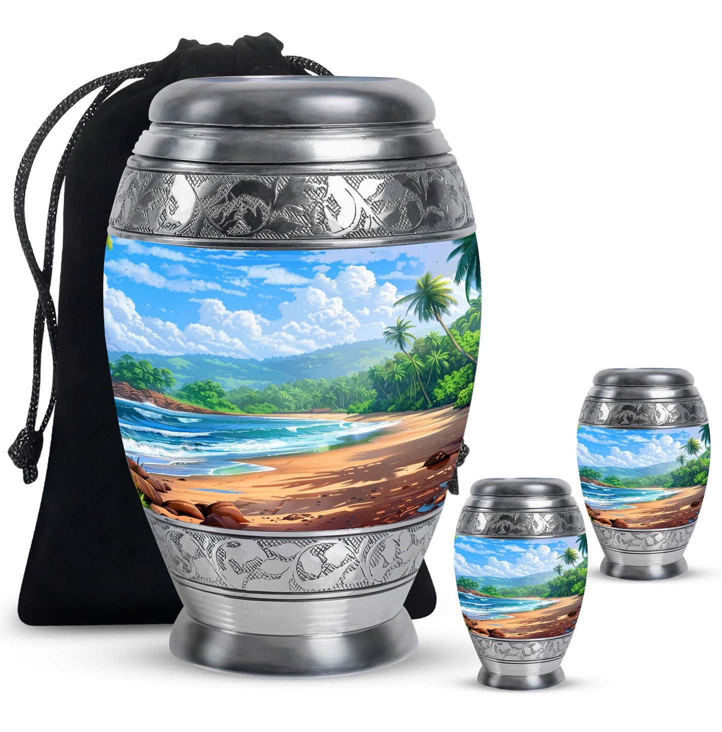 Beach Theme Large Urn With 2 Keepsake Urn