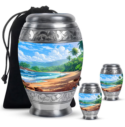 Beach Theme Large Urn With 2 Keepsake Urn
