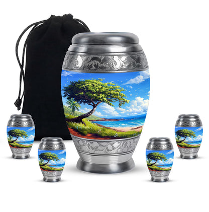 Beach Theme Large Urn With 4 Keepsake Urn