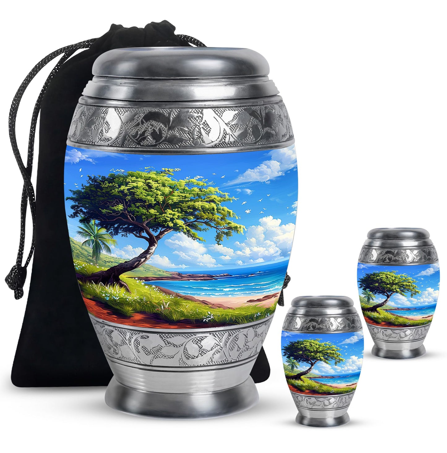Beach Theme Large Urn With 2 Keepsake Urn