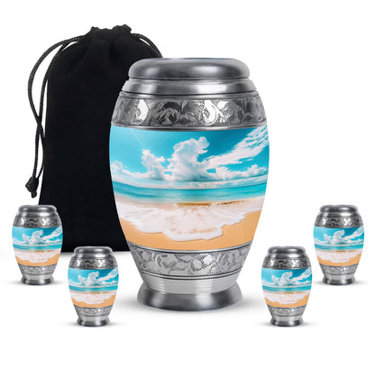 Beach Theme Large Urn With 4 Keepsake Urn