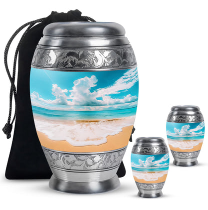 Beach Theme Large Urn With 2 Keepsake Urn