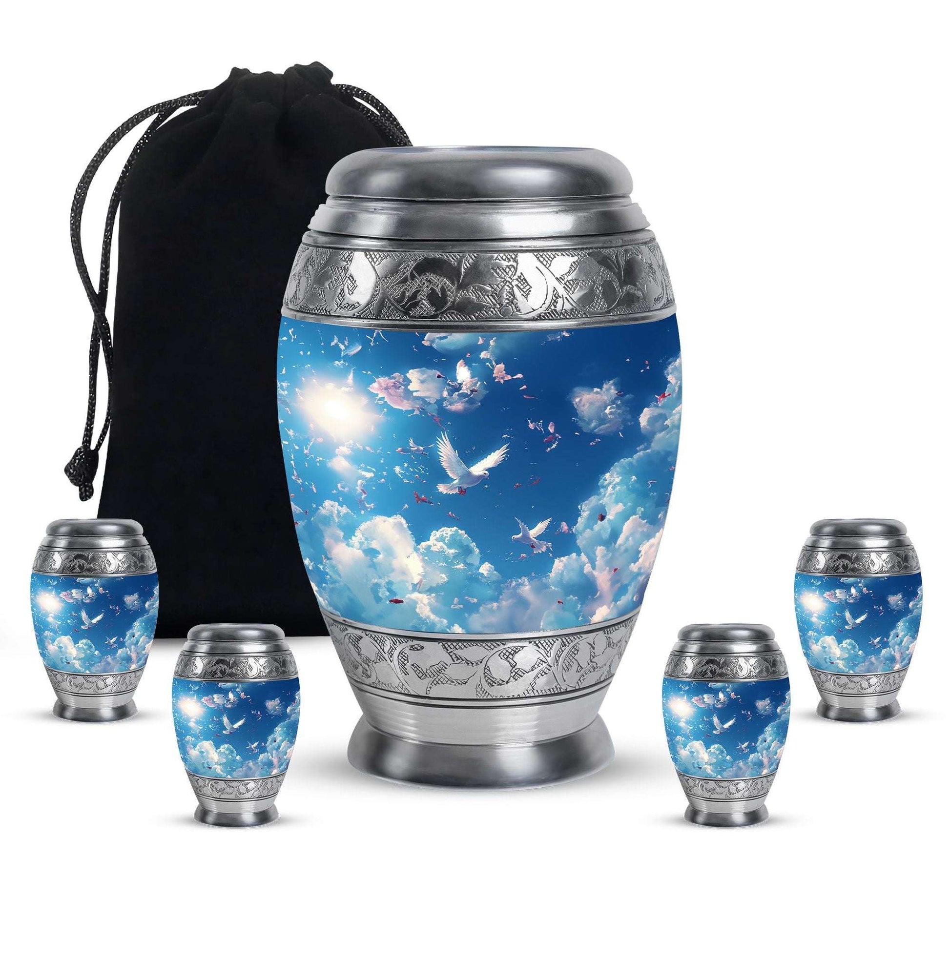 Dove Theme Large Urn With 4 Keepsake Urn