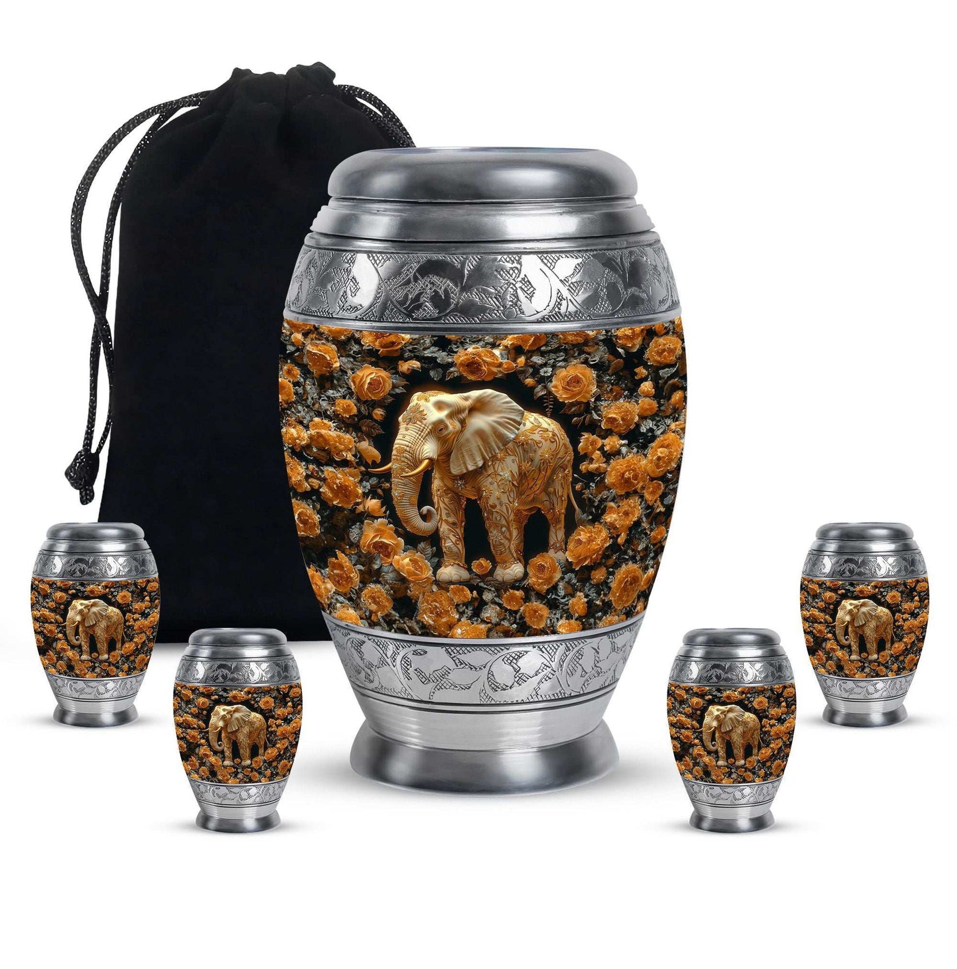 Elephant Theme Large Urn With 4 Keepsake Urn