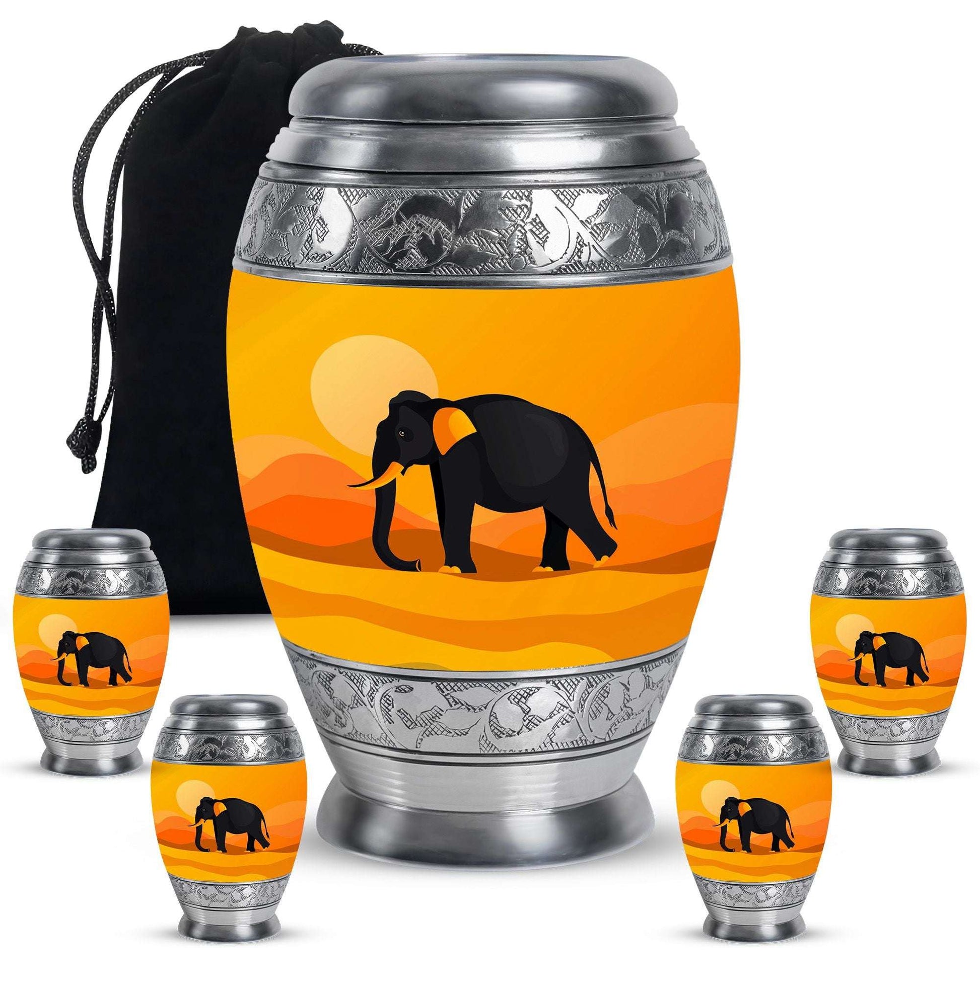 Elephant Theme Large Urn With 4 Keepsake Urn