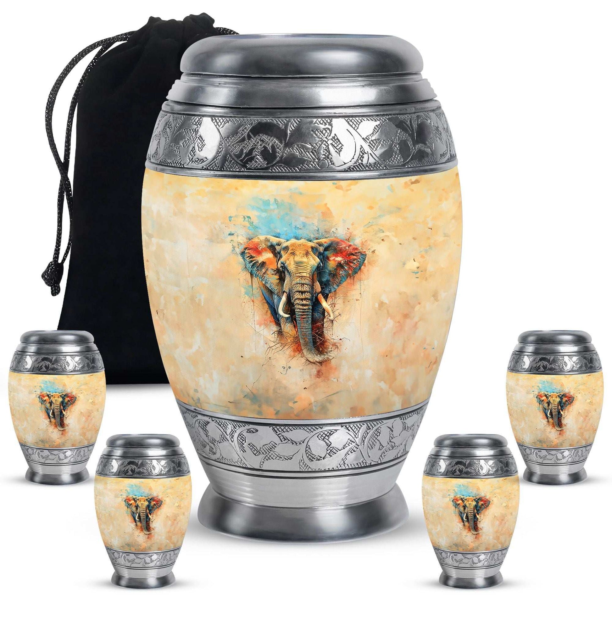 Elephant Theme Large Urn With 4 Keepsake Urn