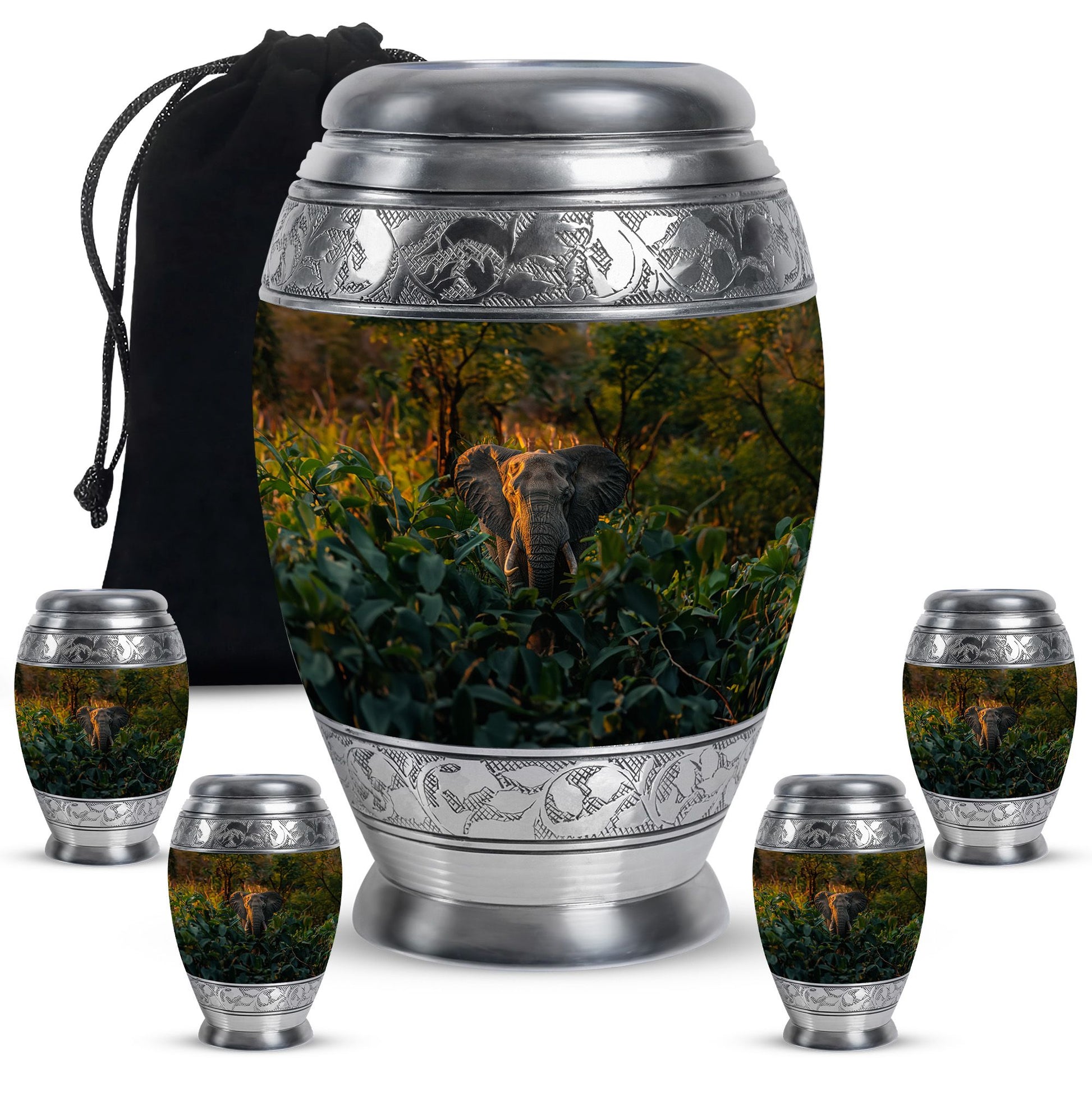 Elephant Theme Large Urn With 4 Keepsake Urn