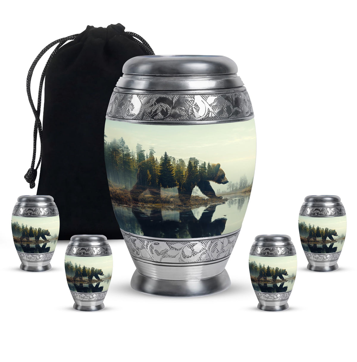 Bear Urn for Human Ashes, Bear Walking Through Forest By Water, Cremation Urn