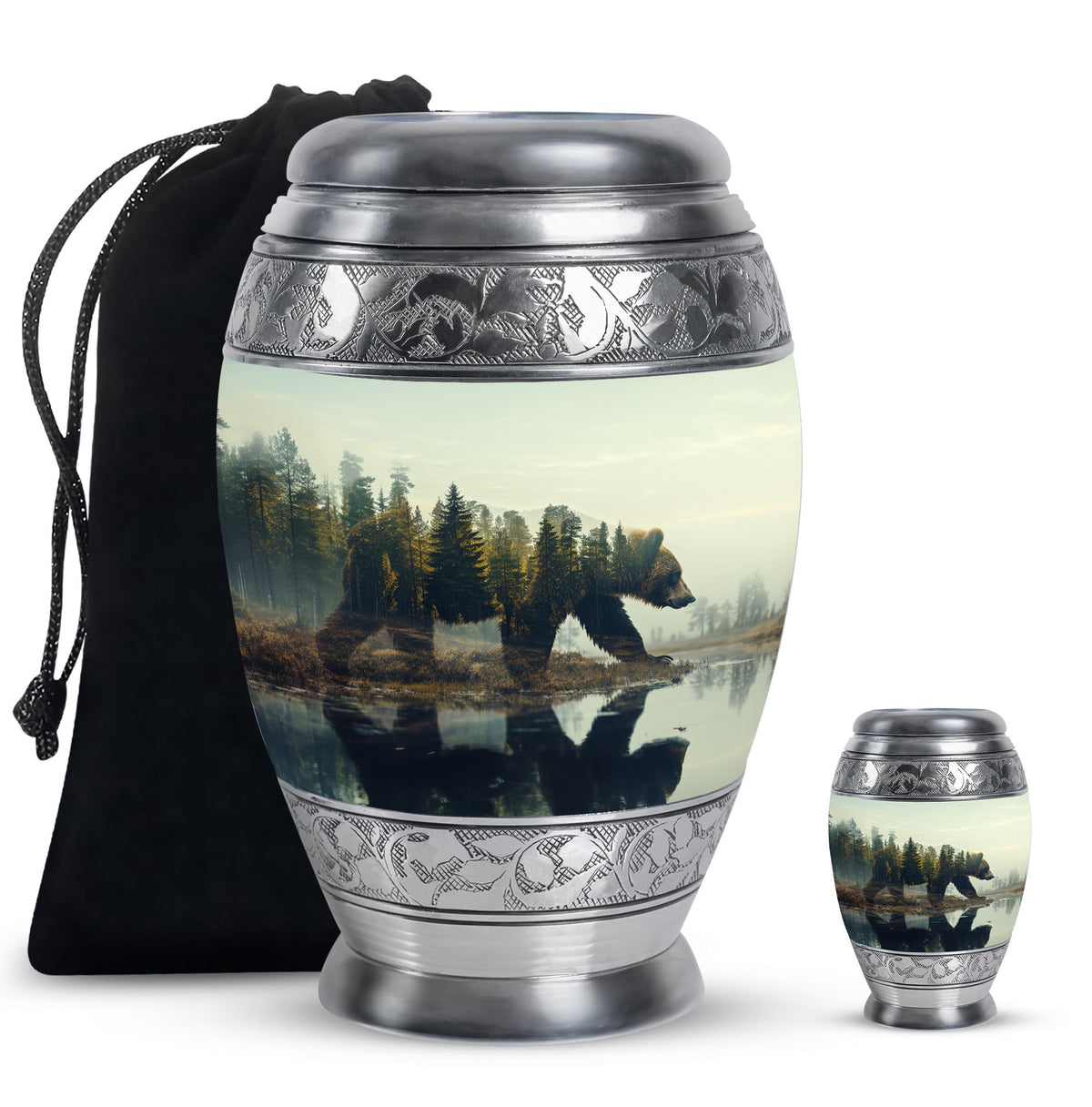 Bear Urn for Human Ashes, Bear Walking Through Forest By Water, Cremation Urn