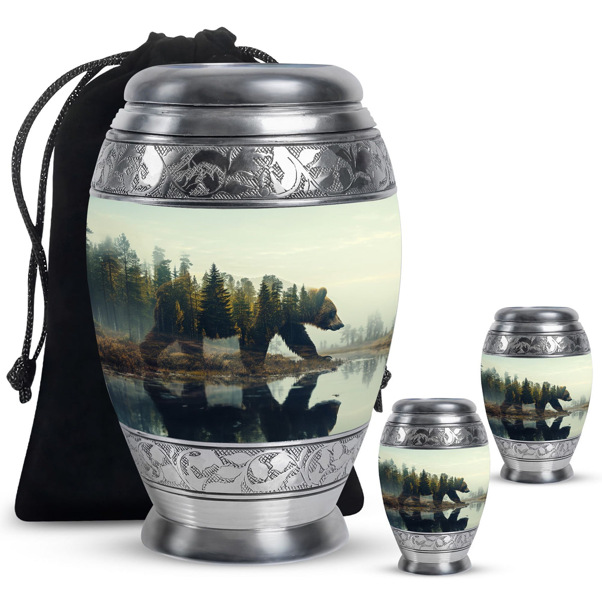 Bear Urn for Human Ashes, Bear Walking Through Forest By Water, Cremation Urn