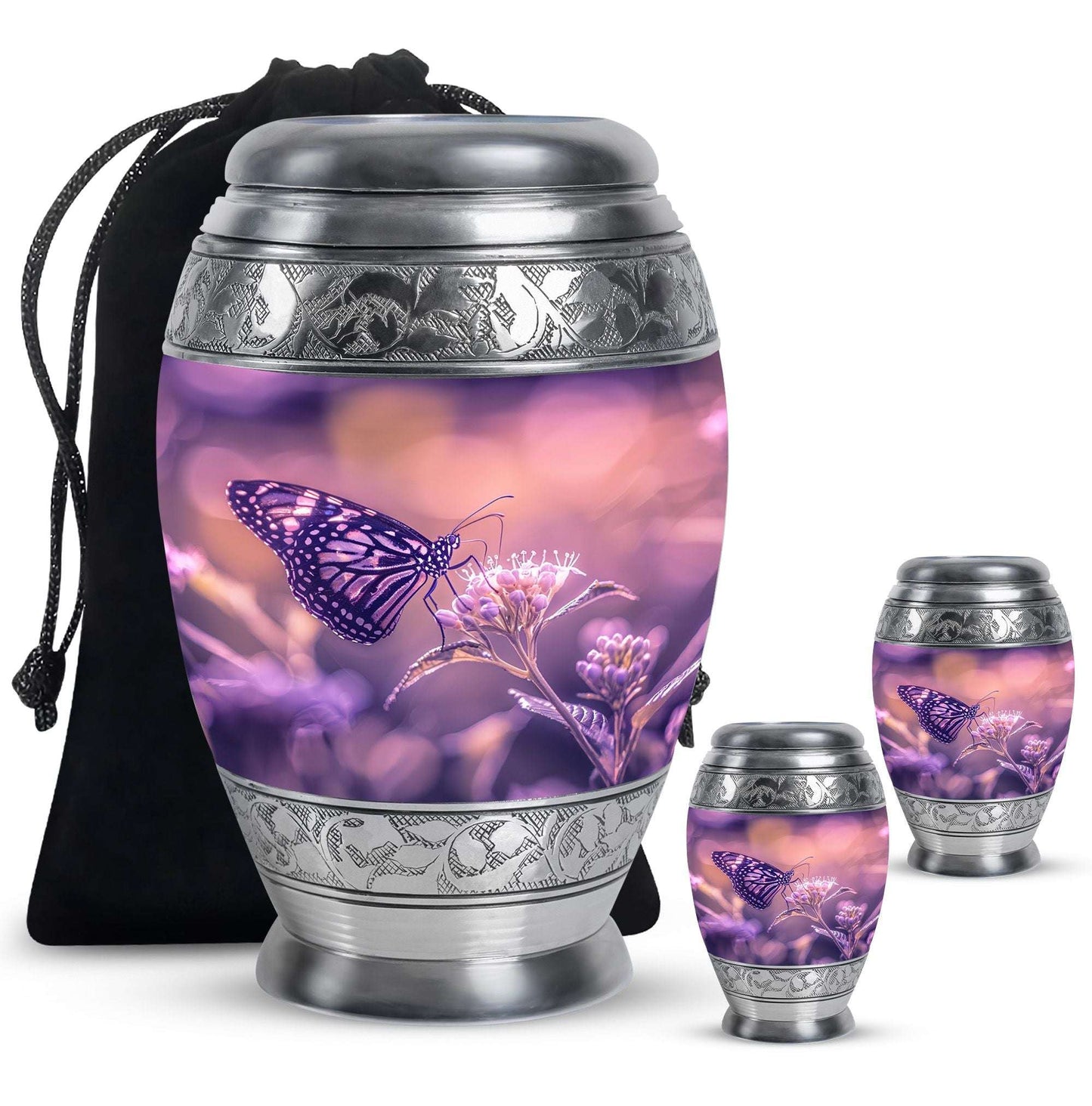 Butterfly Theme Large Urn With 2 Keepsake Urn