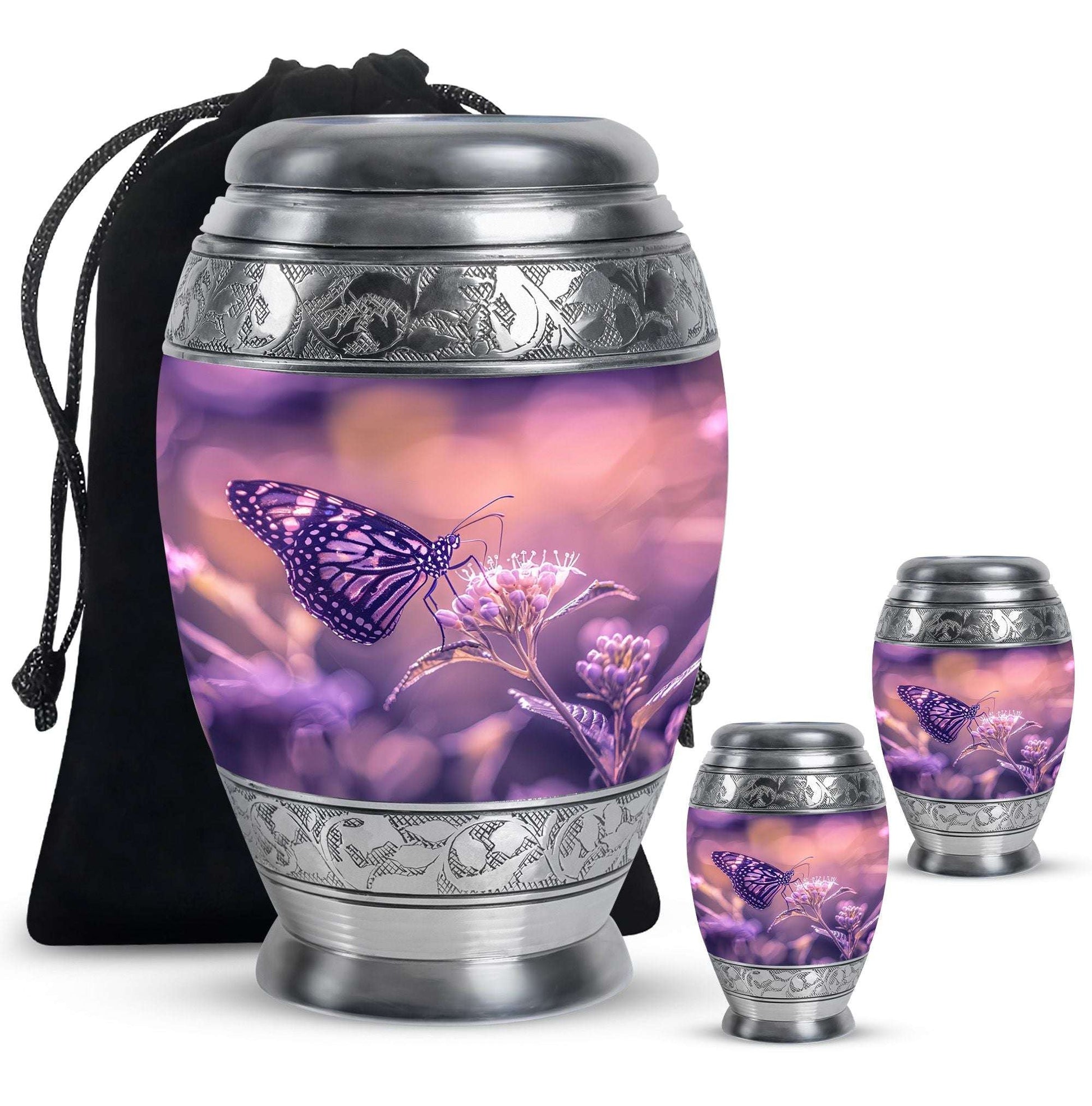 Butterfly Theme Large Urn With 2 Keepsake Urn