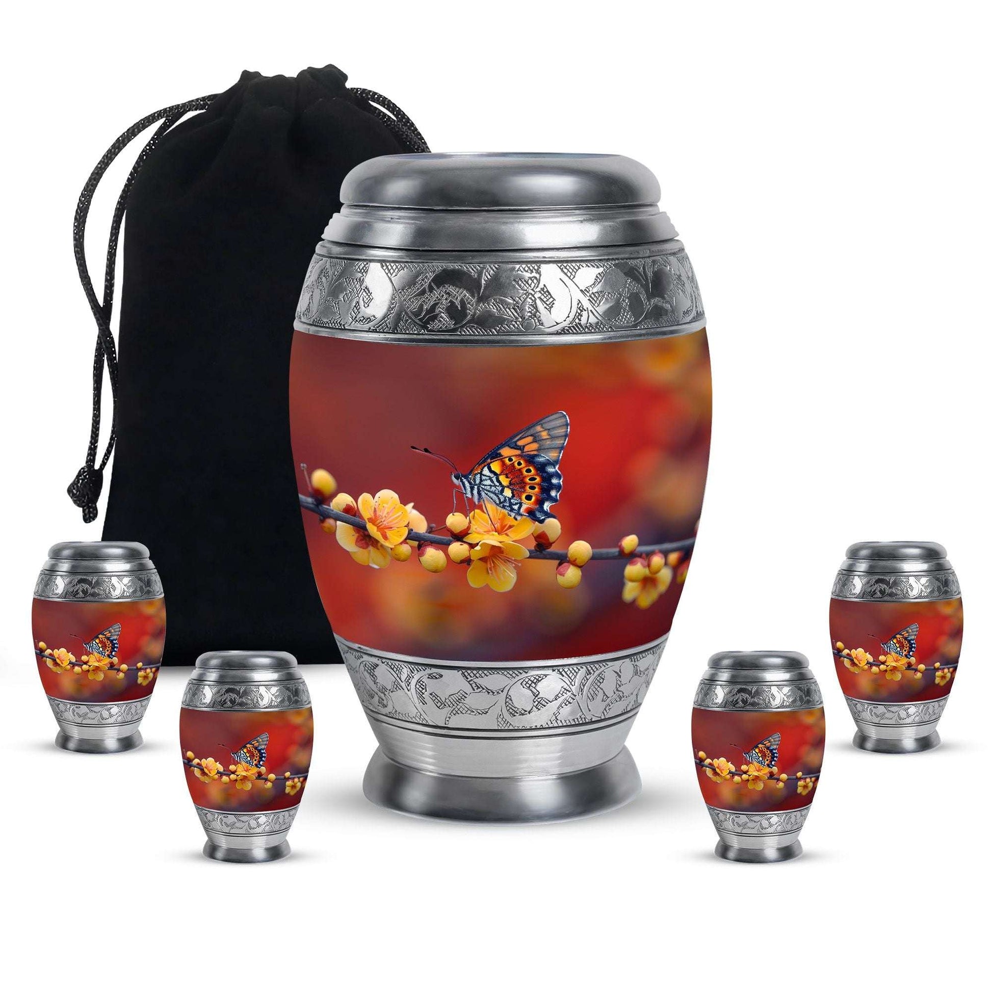 Butterfly Theme Large Urn With 4 Keepsake Urn