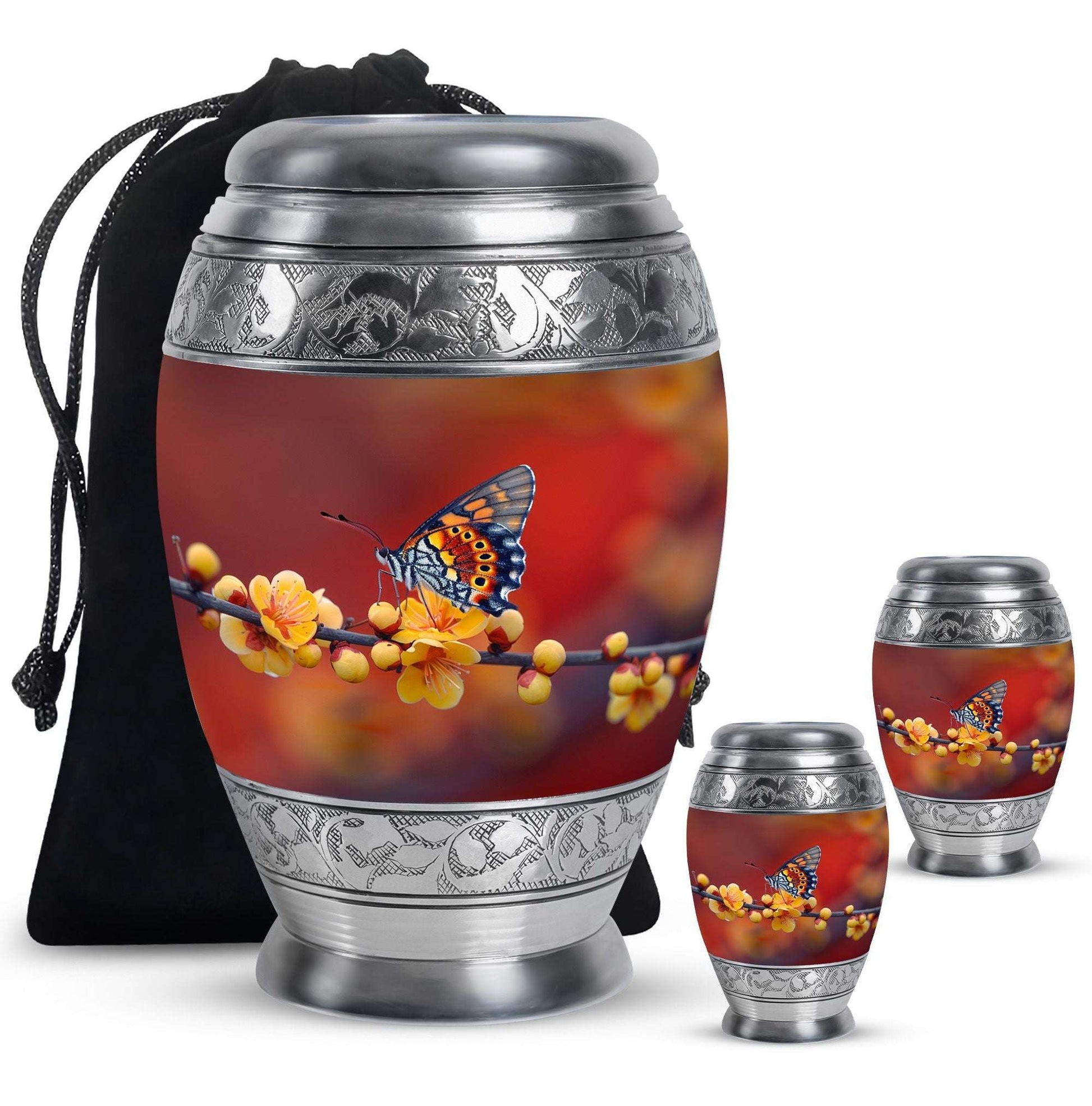 Butterfly Theme Large Urn With 2 Keepsake Urn