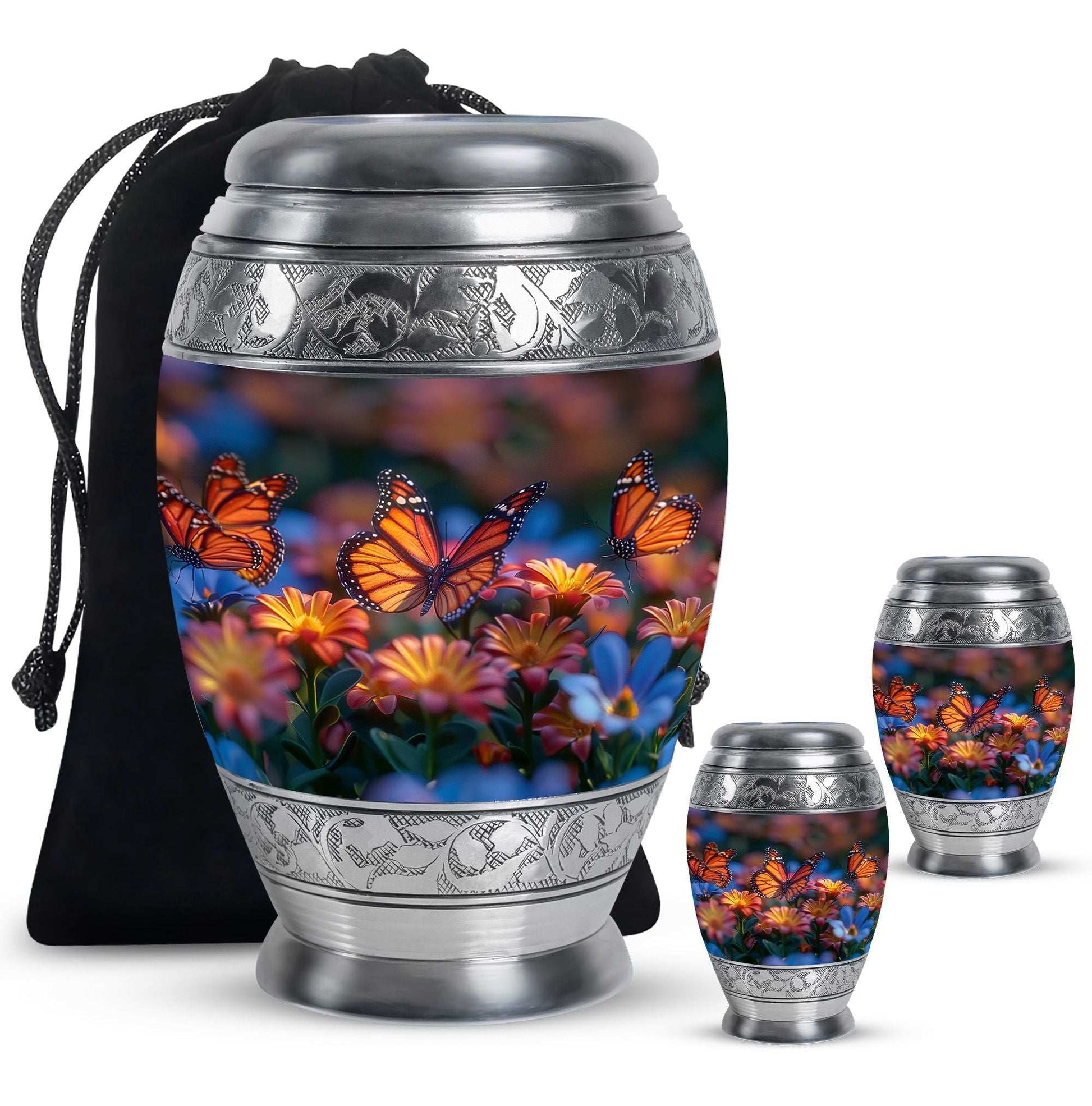 Butterfly Theme Large Urn With 2 Keepsake Urn