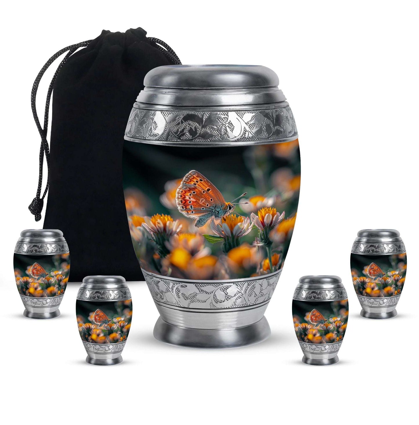 Butterfly Theme Large Urn With 4 Keepsake Urn