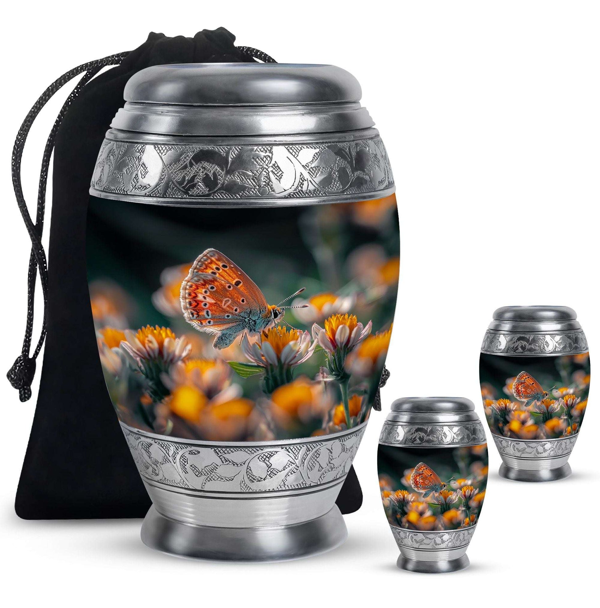 Butterfly Theme Large Urn With 2 Keepsake Urn