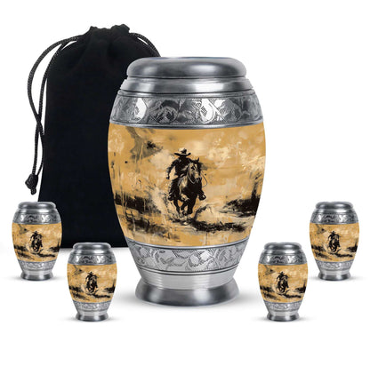 Cowboy Theme Large Urn With 4 Keepsake Urn