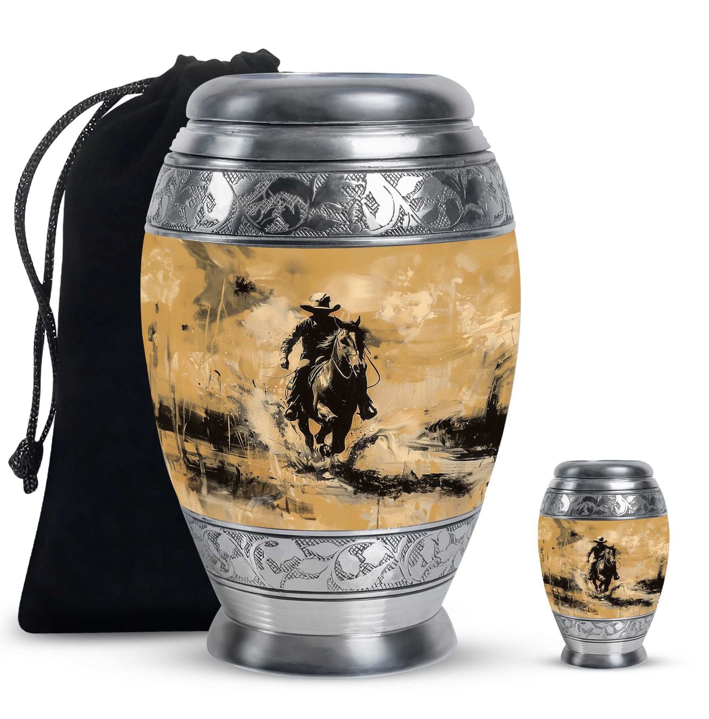 Cowboy Theme Large Urn With 1 Keepsake Urn