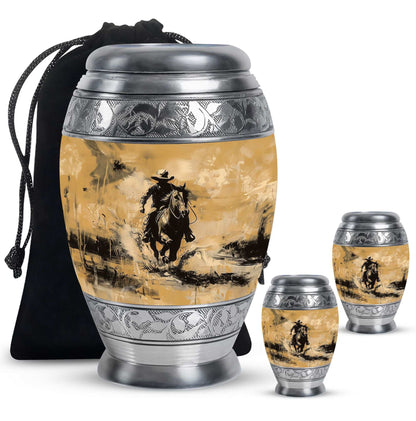 Cowboy Theme Large Urn With 2 Keepsake Urn