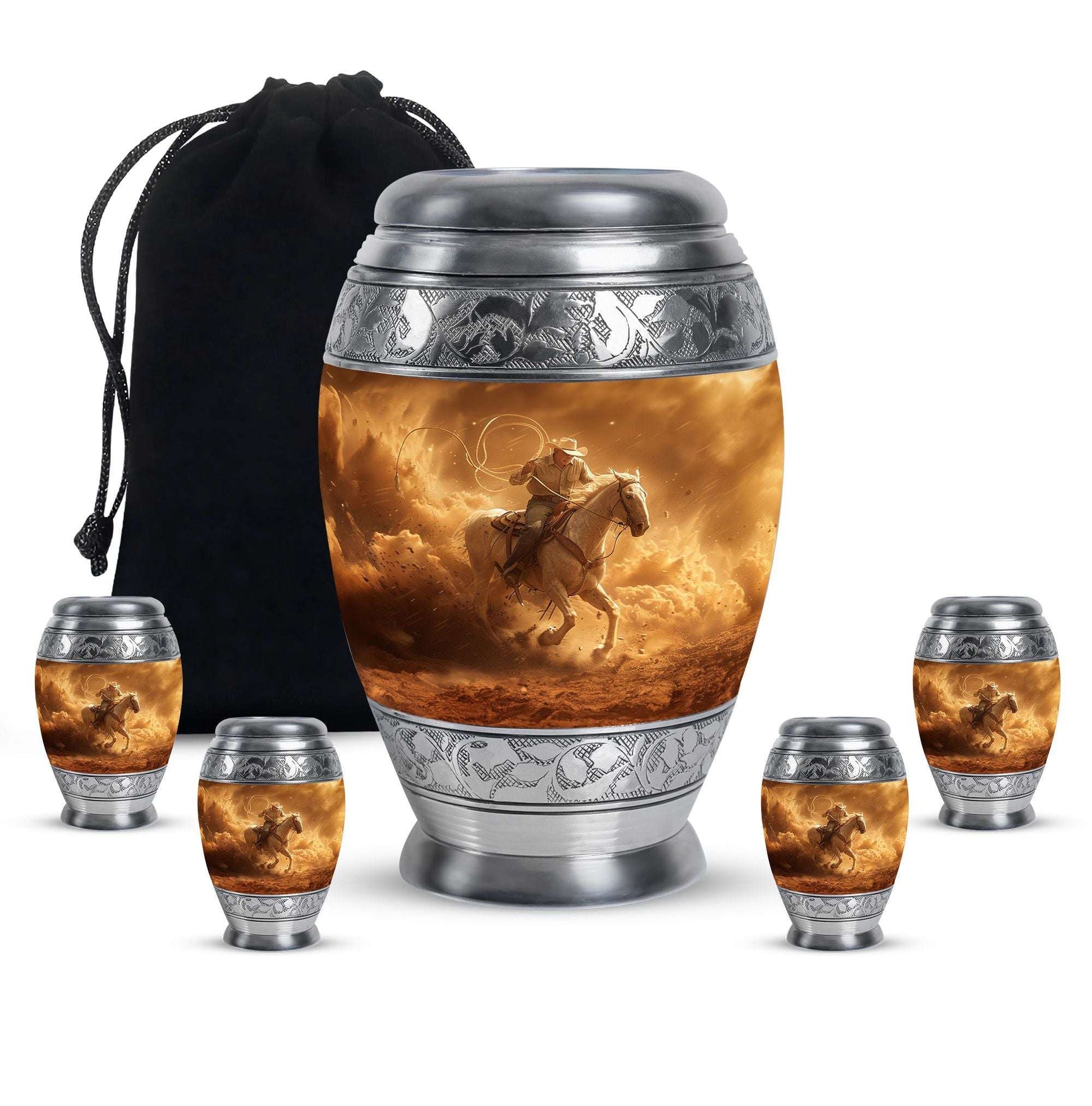 Cowboy Theme Large Urn With 4 Keepsake Urn