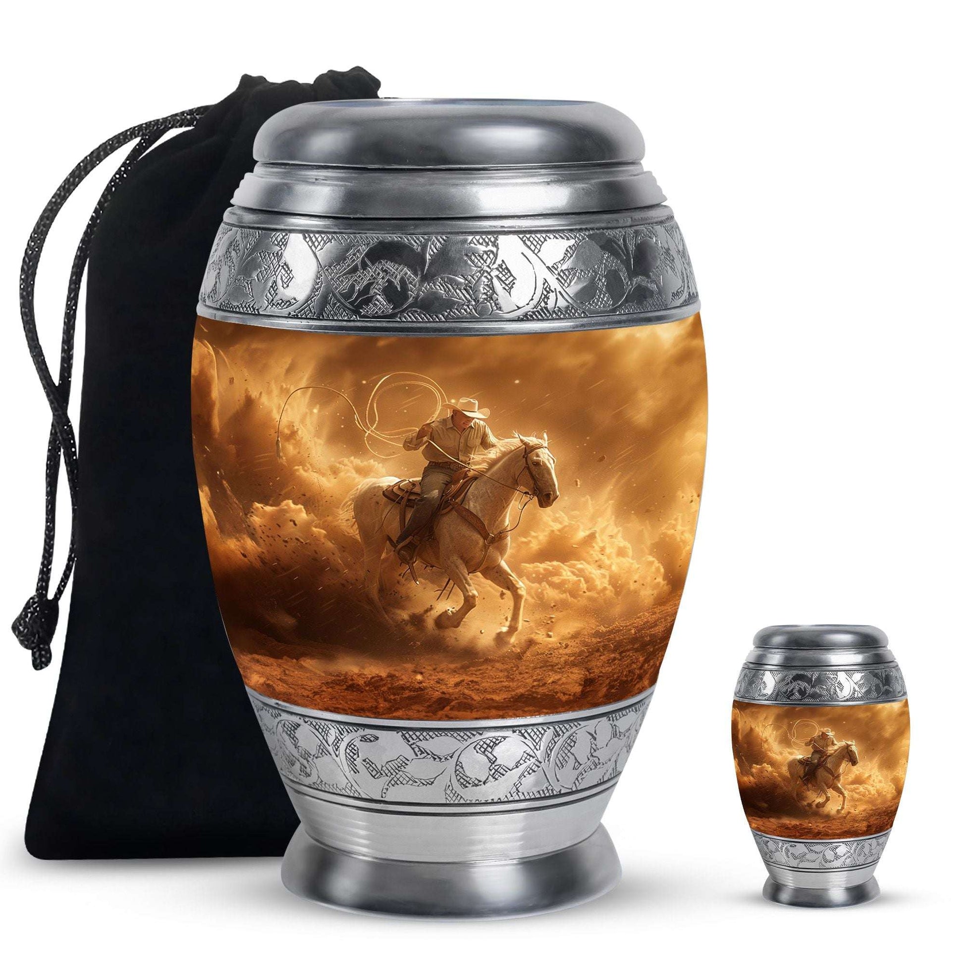 Cowboy Theme Large Urn With 1 Keepsake Urn