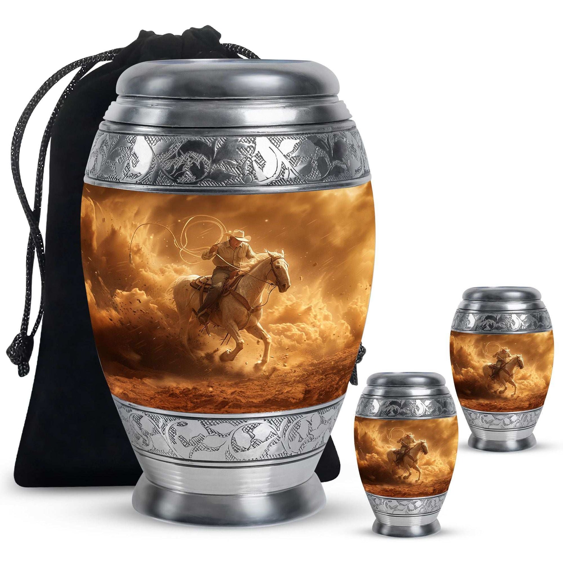 Cowboy Theme Large Urn With 2 Keepsake Urn