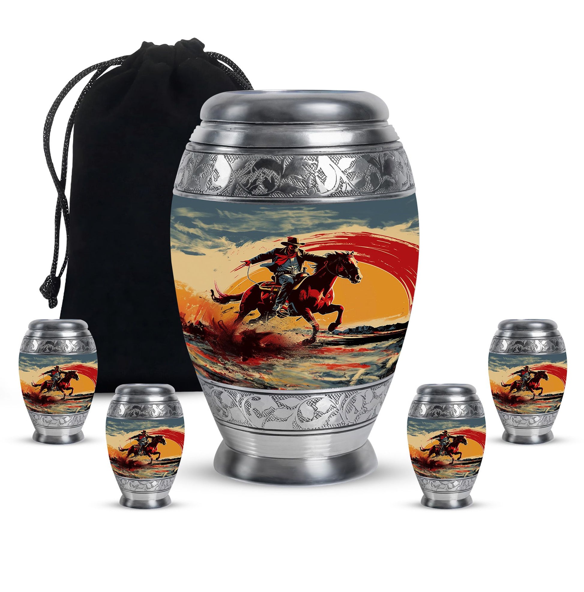 Cowboy Theme Large Urn With 4 Keepsake Urn