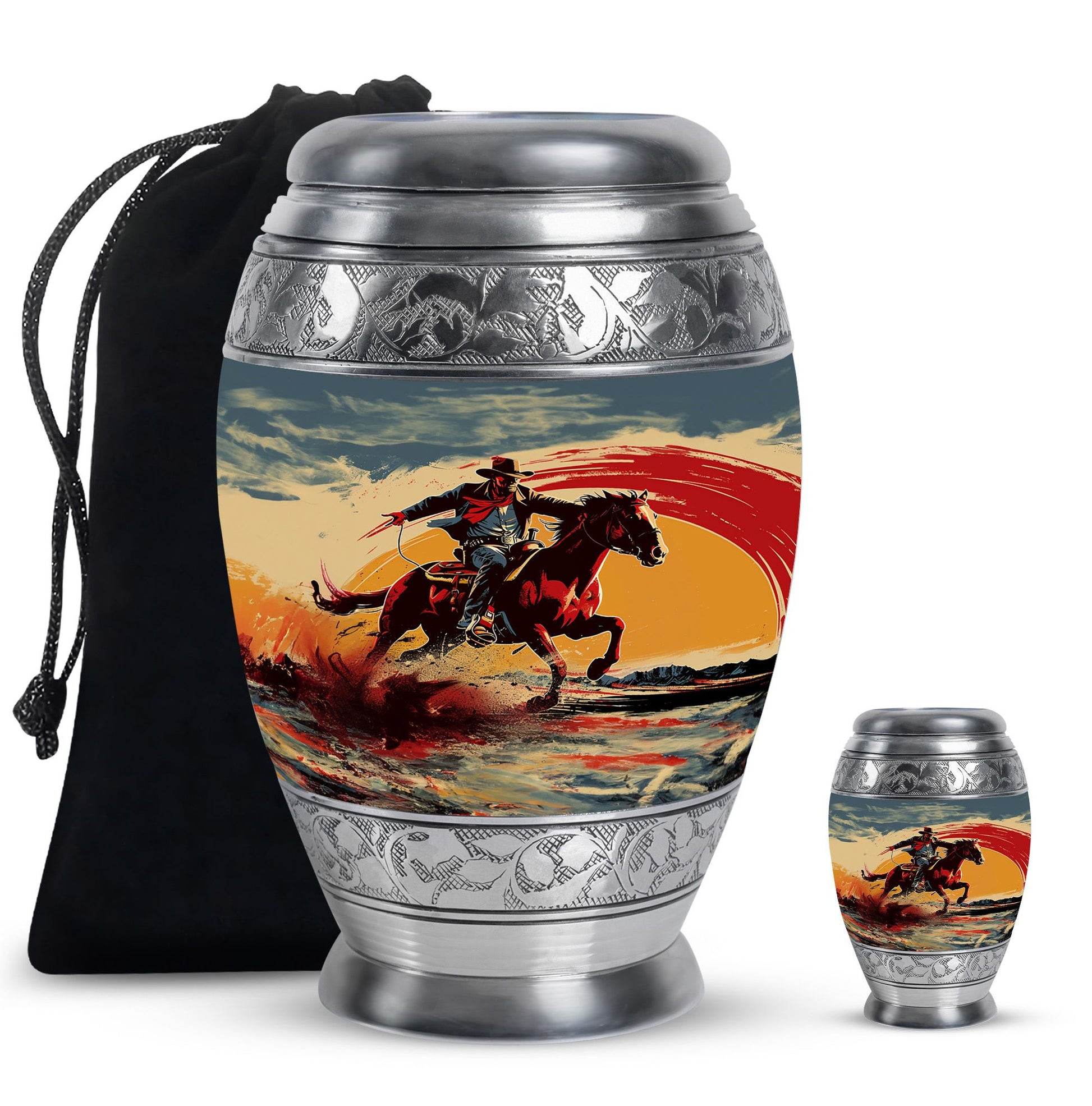 Cowboy Theme Large Urn With 1 Keepsake Urn