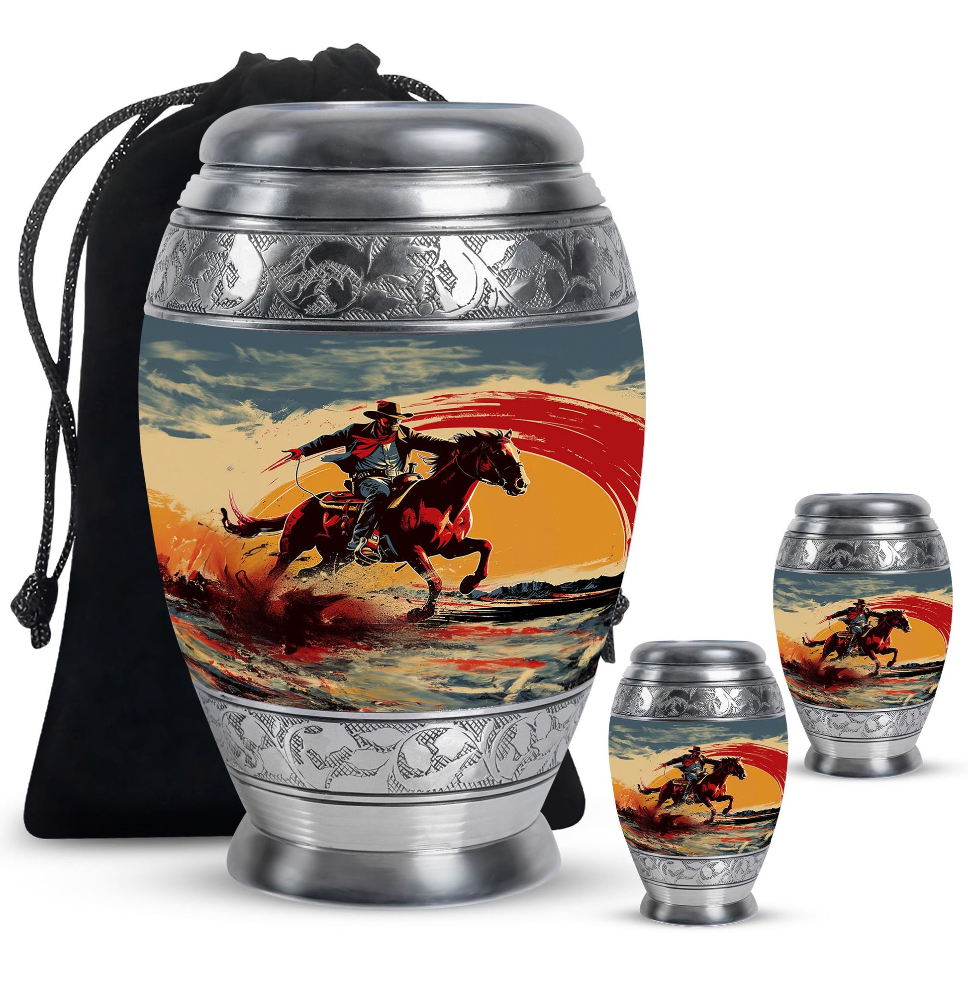 Cowboy Theme Large Urn With 2 Keepsake Urn