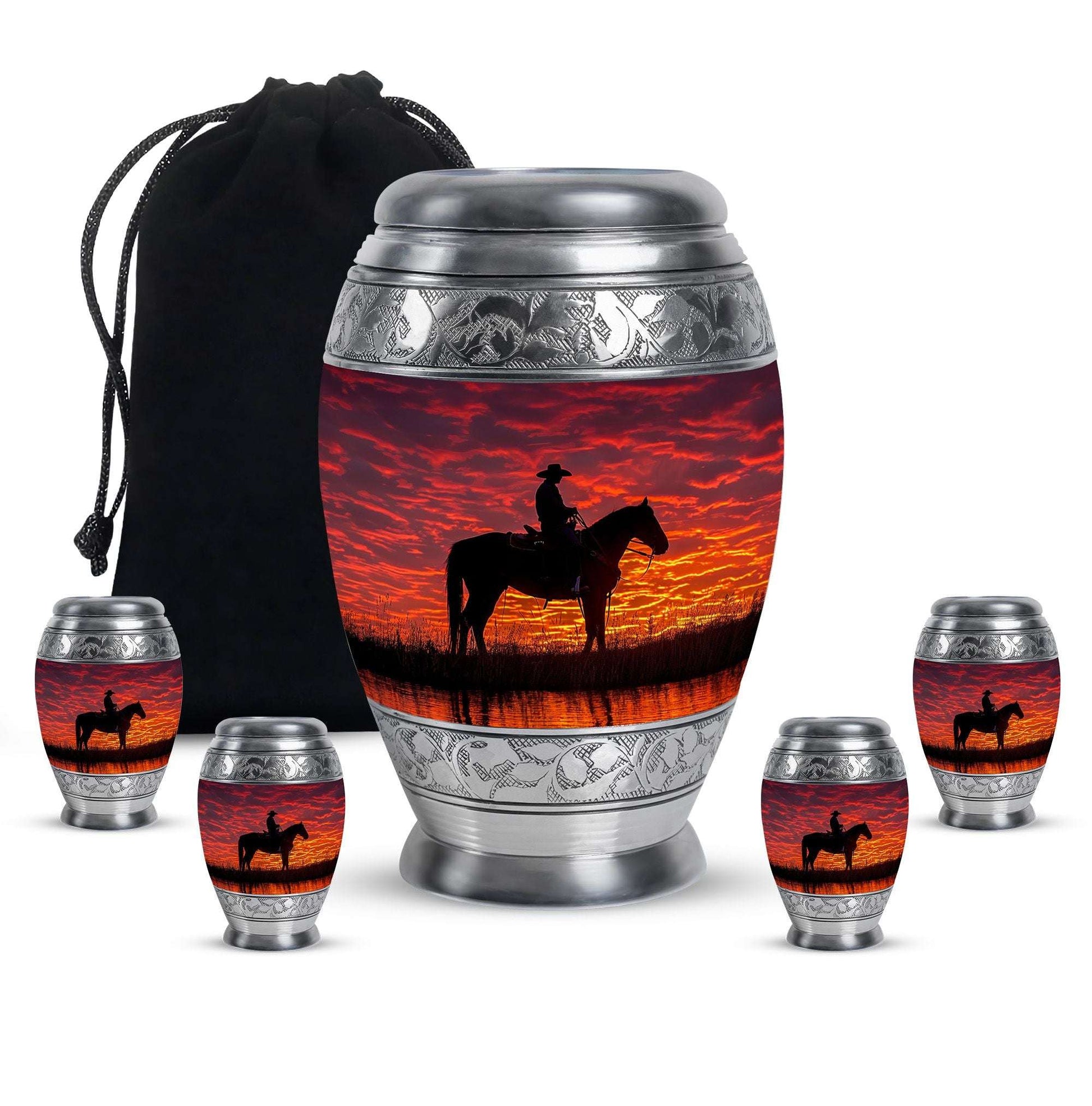 Cowboy Theme Large Urn With 4 Keepsake Urn